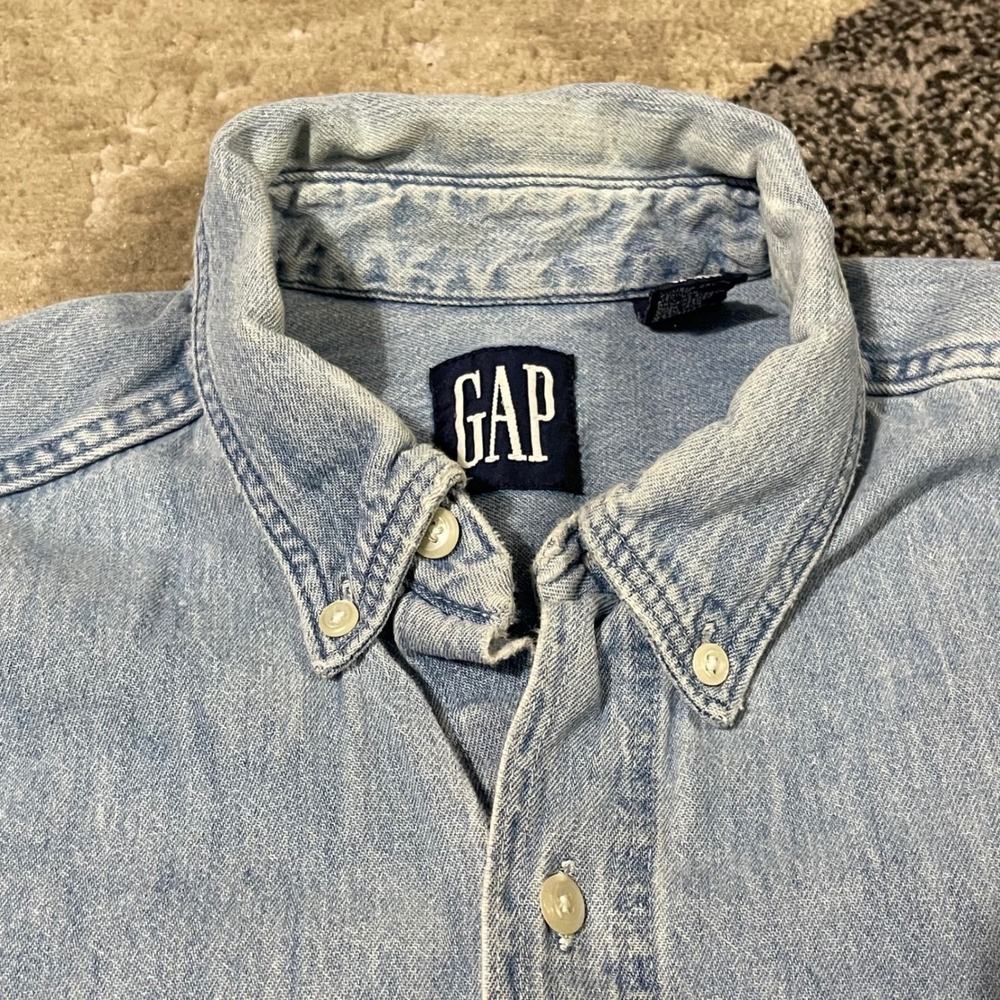 VTG Gap Denim Shirt Button Down Men XL Blue Distressed Pocket Cotton Made in USA - Picture 2 of 15